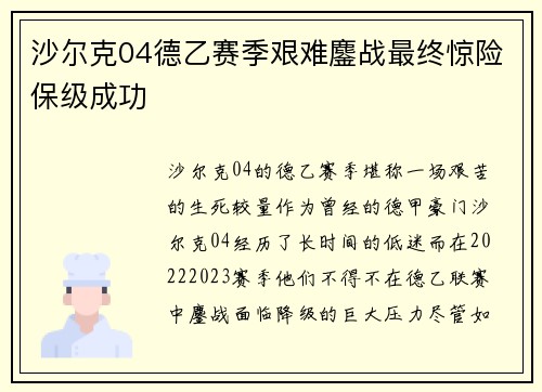 沙尔克04德乙赛季艰难鏖战最终惊险保级成功 沙尔克04德乙赛季艰难鏖战最终惊险保级成功